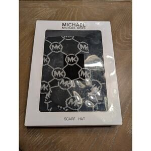 NEW Michael Kors Black Gray Logo Print Winter Beanie Hat Scarf Set Acrylic Knit